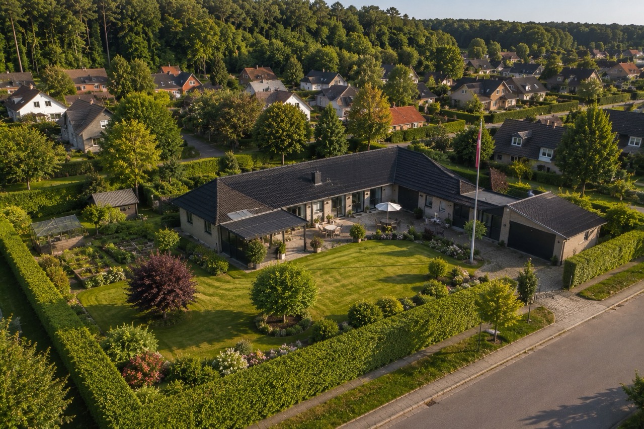 Luftfoto af bolig, grund og omgivelser