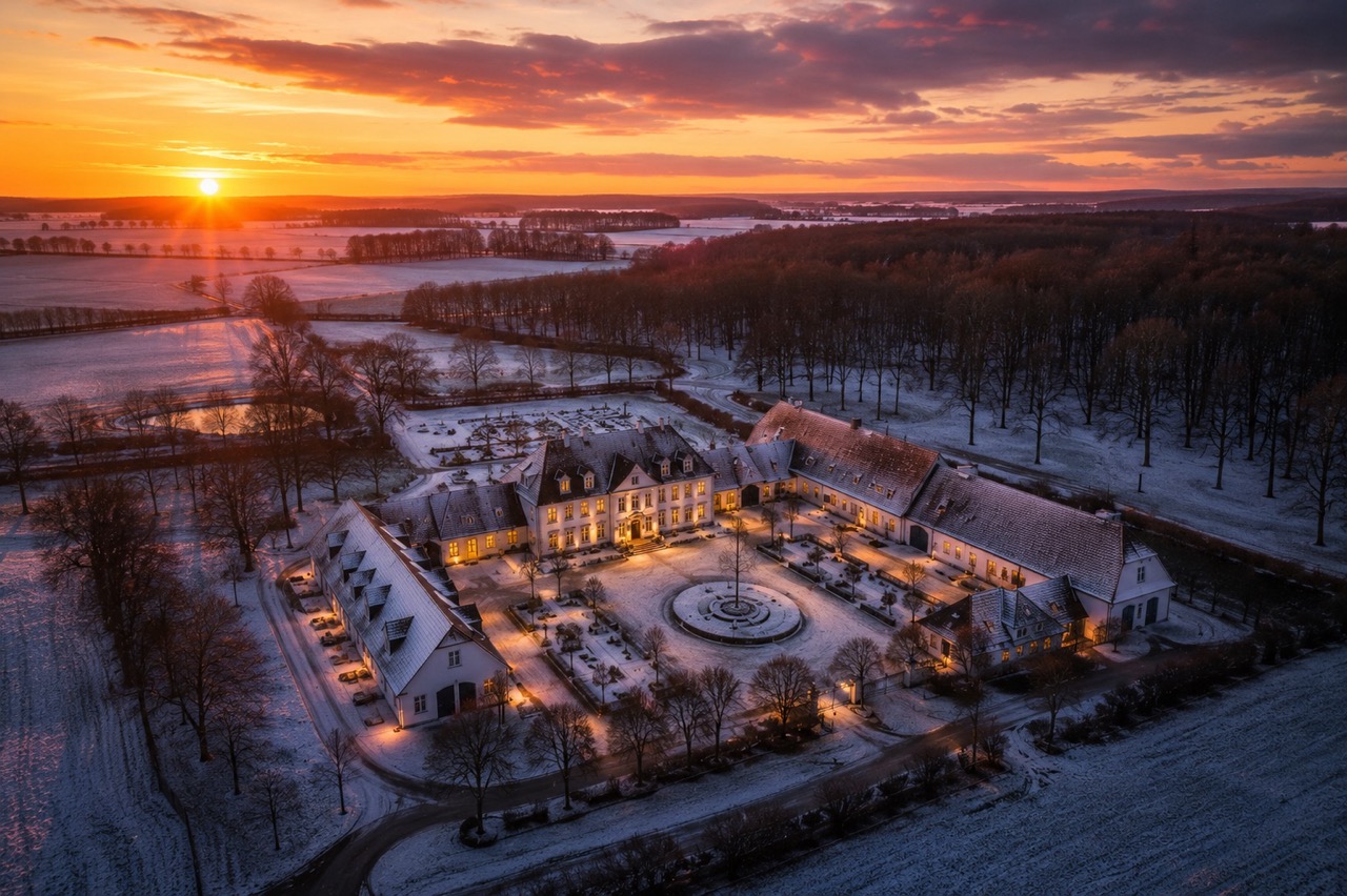 Luftfoto af erhvervsejendom og omgivelser